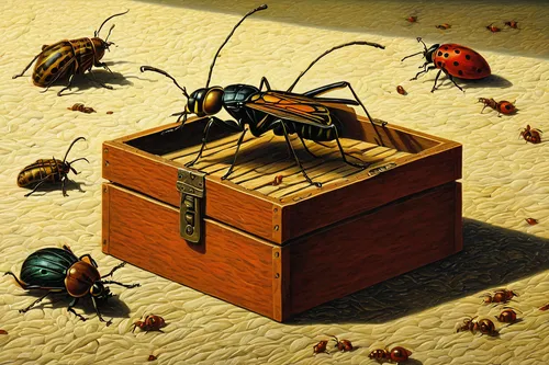 Write a horror story about a cursed insect box that brings doom to anyone who opens it.,insect box,treasure chest,game illustration,stag beetles,beetles,carpenter ant,insects,beekeeping,beekeepers,bli