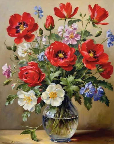 Gallery of Anne Cotterill Reproduction Flower Prints and Fine Art ...,flower painting,flower vase,persian buttercup,vase,flowers in basket,still life of spring,red anemones,red ranunculus,oil painting