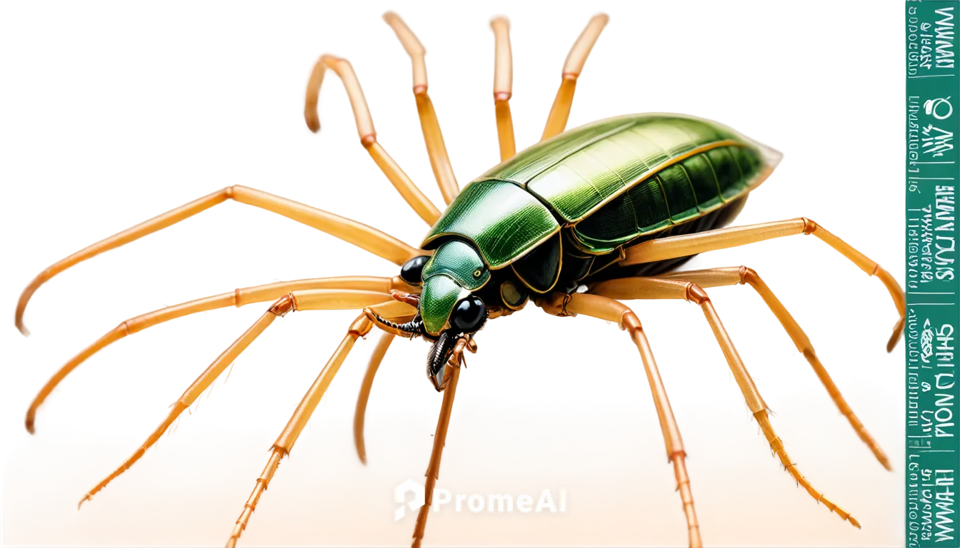 Palmetto bug, macro shot, solo, green exoskeleton, brown eyes, long antennae, thin legs, delicate wings, shiny body, realistic texture, soft natural light, 1/2 composition, close-up focus, warm color 