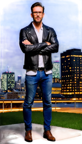 Cybersecurity expert, mature man, beard, glasses, black leather jacket, white shirt, dark jeans, boots, standing, confident pose, muscular arms crossed, serious facial expression, cityscape background