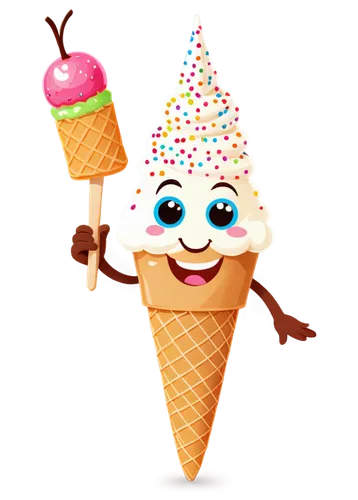 Cute ice cream cone mascot, colorful sprinkles, creamy white ice cream, crispy brown cone, happy smiling face, big shiny eyes, cherry on top, holding cone with both hands, standing pose, cartoon style