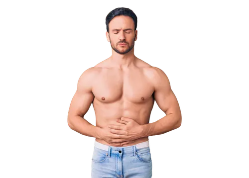 adult, male, upper body, bare chest, umbilical hernia, protruding belly button, smooth skin, slight muscle tone, concerned expression, hand on stomach, 3/4 composition, soft natural light, shallow dep