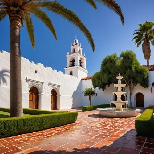 Spanish colonial architecture, Mission San Luis Rey de Francia, California, historic building, white stucco walls, red-tiled roofs, bell towers, ornate facade, wooden doors, intricate carvings, colorf