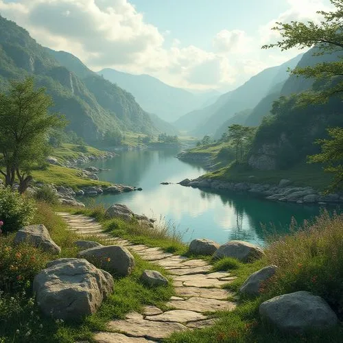 fantasy landscape,landscape background,beautiful landscape,cryengine,river landscape,alpine landscape,rendalen,skyrim,mountain landscape,beleriand,gondolin,nargothrond,full hd wallpaper,crytek,mountainous landscape,mountain valleys,hiking path,landscapes beautiful,green landscape,the mystical path,Photography,General,Realistic