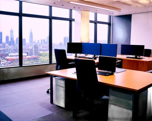 Modern office, glass walls, wooden desks, ergonomic chairs, computers, monitors, keyboards, papers, files, folders, bookshelves, meeting room, conference table, projection screen, cityscape view, afte