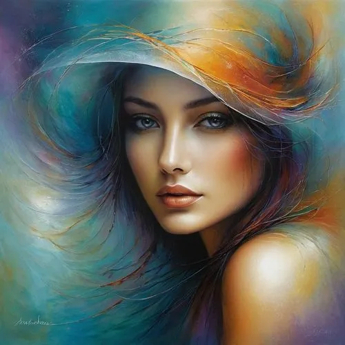 boho art,mystical portrait of a girl,fantasy art,girl wearing hat,oil painting on canvas,art painting,fantasy portrait,romantic portrait,dmitriev,colorful background,boho art style,bohemian art,veruovic,young woman,yuriev,italian painter,donsky,wilk,viveros,savickas,Conceptual Art,Daily,Daily 32