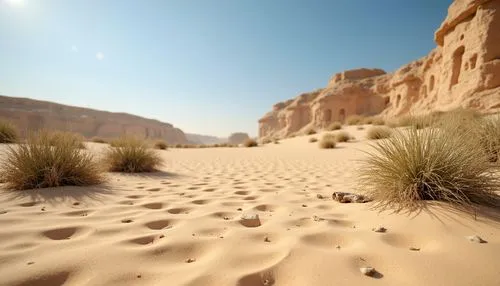 Warm beige sand, coarse granular texture, natural earthy tone, desert landscape, sandy dunes, cactus plants, hot sunny day, clear blue sky, vast open space, organic formations, intricate patterns, wea