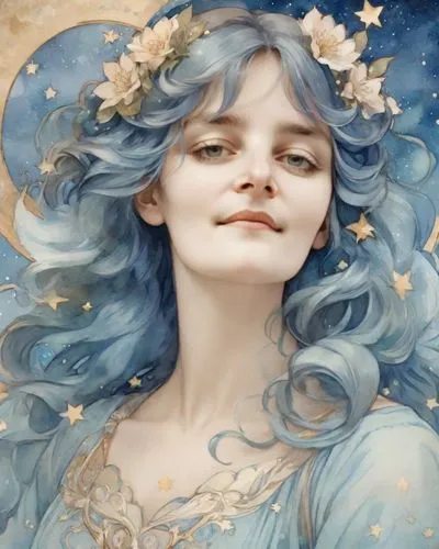 diwata,fairie,kommuna,amphitrite,mucha,hesperides,undine,faerie,fairy queen,ostara,faery,virgo,valerian,behenna,fantasy portrait,amalthea,blue moon rose,cielo,margaery,melusine,Digital Art,Watercolor