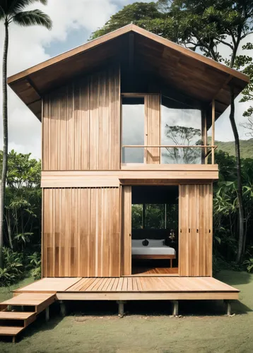 Award winning Puerto Rico architecture firm design high end wooden sliding louver facade. In modern architectural luxury glamping. TIny glamping, Old school architecture magazine photography. Empty ho