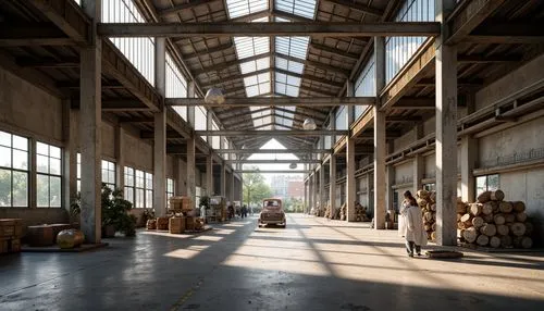 Industrial warehouse interior, exposed steel framework, robust columns, sturdy beams, metallic latticework, reinforced concrete foundations, high ceilings, open spaces, natural light pouring in, minim