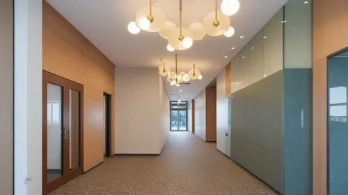 an empty long hallway between two walls with lights,hallway space,daylighting,halogen spotlights,hallway,corridors,assay office,ceiling lighting,luminaires,corridor,ceiling light,halogen light,concret