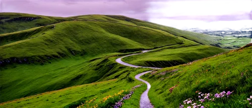 Emerald green hills, rolling landscape, cloudy sky, solo, Ireland scenery, HD, highly detailed, realistic, cinematic composition, warm lighting, shallow depth of field, morning mist, rugged stone wall