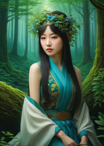 oriental princess,chinese art,jasmine blossom,oriental girl,world digital painting,fantasy portrait,dryad,jasmine flower,forest background,oriental painting,jasmine,fantasy art,inner mongolian beauty,mystical portrait of a girl,oriental,oriental longhair,japanese art,jasmine flowers,forest flower,bamboo flute,Illustration,Realistic Fantasy,Realistic Fantasy 08