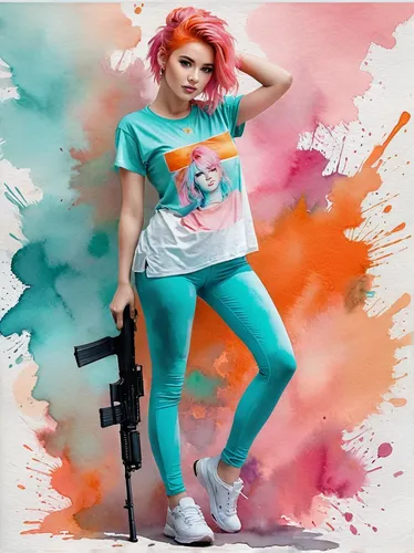 girl with gun,girl with a gun,ammo,wpap,pink vector,fashion vector,woman holding gun,kosmea,rifle,popart,punk,rockabella,tee,girl in t-shirt,80s,pubg mascot,holding a gun,tshirt,colorful,rosa peace,Illustration,Paper based,Paper Based 25