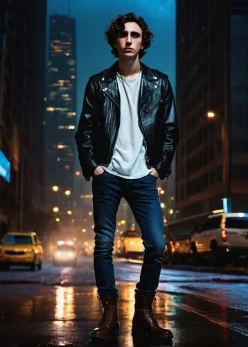 Timothée Chalamet, Regulus, handsome young man, 20yo, messy brown hair, piercing blue eyes, sharp jawline, slender figure, black leather jacket, white shirt, dark jeans, boots, standing, confident pos