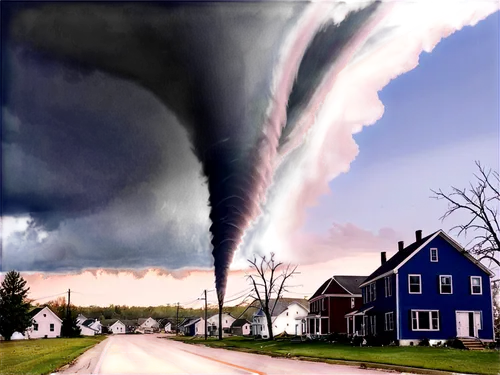 Tornado, stormy weather, funnel cloud, dark grayish blue sky, rotating column of air, debris flying around, destroyed buildings, broken trees, strong wind, misty atmosphere, dynamic composition, fast 