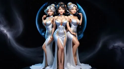 create a photo realistic  image of three beautiful  black, silver, gold haired voluptuous Asian women that have huge massive bulging and busty breasts. all three women have beautiful detailed angel-li