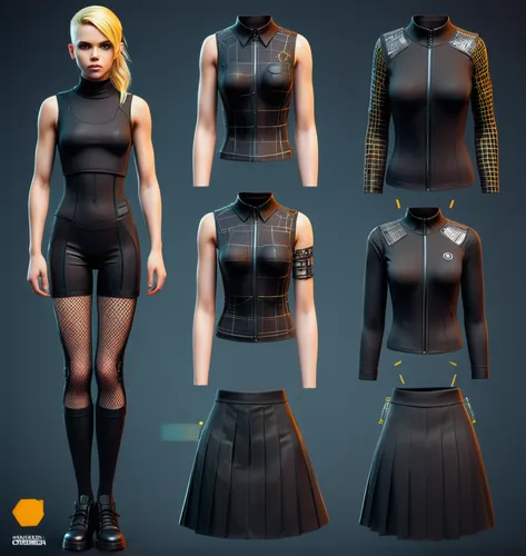 Paper doll cybergoth blond haired girl in black sleeveless shirt ,black tight fit spandex shorts with fishnet and black boot standing surrounded by with a set of cybergoth futuristic fashion clothing,