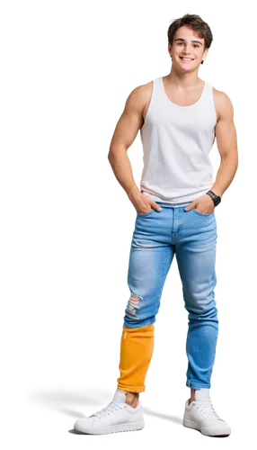 Man, muscular body, athletic build, strong facial features, short brown hair, piercing blue eyes, slight stubble, casual wear, white tank top, ripped jeans, black sneakers, standing, relaxed pose, con