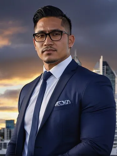 Maori architectural designer, Wanganui, male, 35yo, strong facial features, short black hair, tribal tattoos on arms, modern glasses, white shirt, black tie, dark blue suit, standing, confident pose, 