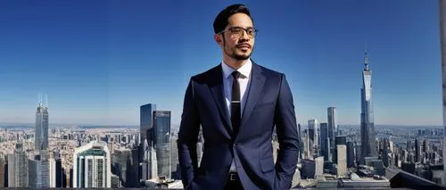 Master of Architecture, male, 30s, bespectacled, short black hair, trimmed beard, white shirt, black tie, dark blue suit, leather shoes, holding a model of a building, standing in front of a cityscape