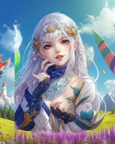 a very pretty anime character standing next to a field,monsoon banner,easter banner,spring background,birthday banner background,ostara,bns,Illustration,Realistic Fantasy,Realistic Fantasy 02