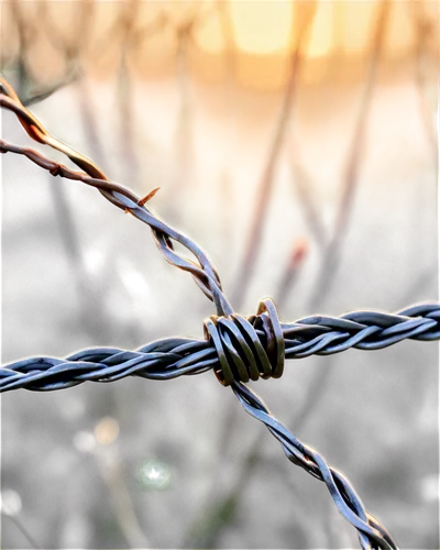 Barbed wire, metal material, rusty texture, twisted strands, sharp barbs, coil shape, tangled structure, morning dew, soft sunlight, shallow depth of field, realistic rendering, cinematic composition,