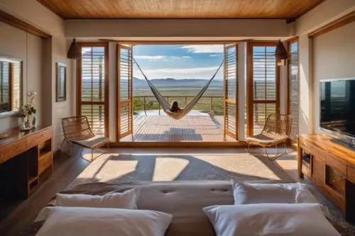 Luxury hotel room,canopy bed,bed in the cornfield,bedroom window,eco hotel,sleeping room,window with sea view,window treatment,window view,hanging chair,bamboo curtain,great room,four-poster,dunes hou