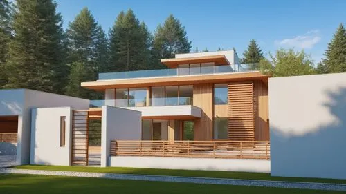 two large houses in the middle of a yard,modern house,3d rendering,passivhaus,prefab,render,holiday villa,Photography,General,Realistic