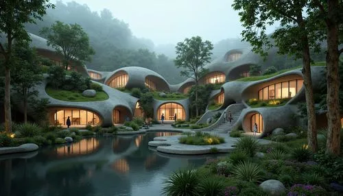 earthship,futuristic architecture,forest house,house in the forest,treehouses,cubic house,dreamhouse,futuristic landscape,ecotopia,mushroom landscape,3d rendering,cube stilt houses,tree house hotel,hanging houses,asian architecture,render,rivendell,rooves,beautiful home,ecovillages