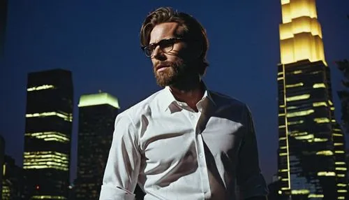 Male, architect, lighting designer, 30s, medium length hair, glasses, beard, white shirt, black trousers, black leather shoes, holding a blueprint, standing in front of a modern skyscraper, cityscape 