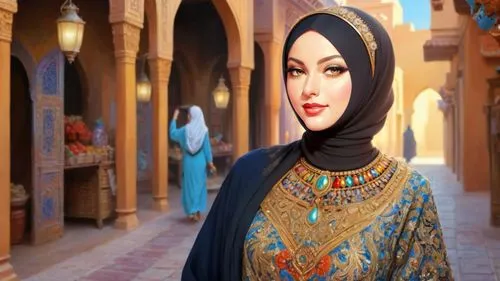 Romantic masterpiece oil painting, beautiful girl portrait, abaya dress, nostalgic 1950's style kitsch, breathtaking beautiful landscape, majestic scenery, Persian Middle Eastern bazaar, Arabian deser