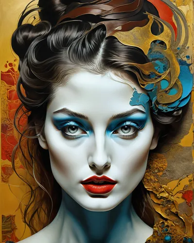 painted lady,geisha girl,fantasy art,world digital painting,woman face,fantasy portrait,fashion illustration,geisha,mystical portrait of a girl,art painting,mystique,art deco woman,meticulous painting,bodypainting,woman's face,gold paint stroke,body painting,italian painter,chinese art,artist color,Photography,Artistic Photography,Artistic Photography 06