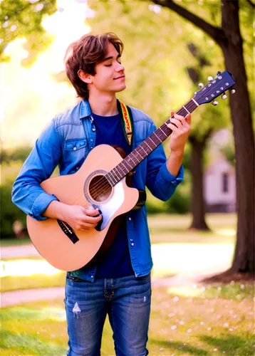 Acoustic guitar, free spirit, young man, messy brown hair, casual wear, ripped jeans, sneakers, standing pose, playing guitar, closed eyes, peaceful expression, natural light, outdoor setting, warm to