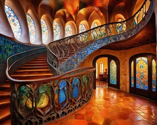 Casa Batlló, iconic Gaudí architecture, Barcelona, Spain, intricate stone carvings, colorful mosaic tiles, wavy lines, irregular shapes, ornate ironwork, grand entrance, spiral staircase, high ceiling