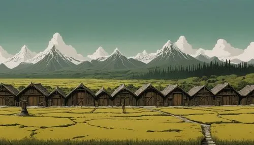 mountain village,mountain huts,mountain settlement,alpine pastures,rice mountain,kurai steppe,villages,yamada's rice fields,wooden houses,japanese mountains,huts,korean folk village,rice terrace,xinjiang,aurora village,mountain meadow hay,ricefield,escher village,alpine village,rice fields,Illustration,Japanese style,Japanese Style 08