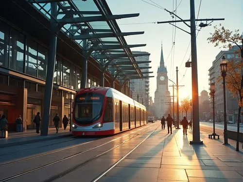 Tram station, Gainsboro color scheme, modern industrial architecture, steel beams, glass roof, sleek lines, minimalist design, urban landscape, cityscape, afternoon sun, soft warm lighting, gentle sha