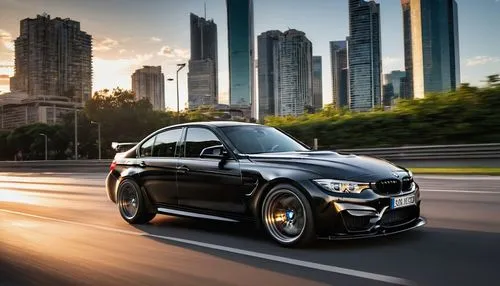 BMW M3, sports car, shiny black paint, silver rims, low-angle shot, dynamic posture, speeding, motion blur, urban road, cityscape, skyscrapers, sunset, warm lighting, cinematic composition, dramatic s