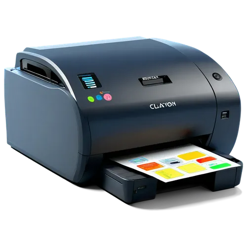 Colorful printer, 3D model, modern design, sleek shape, glossy surface, vibrant colors, buttons and screens, USB ports, paper output tray, cable connected, desktop setup, morning light, soft focus, sh