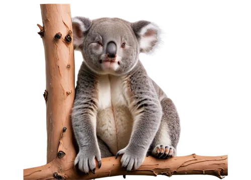 Cute koala, solo, (2yo), soft fluffy fur, big round ears, cute nose, closed eyes, sitting, leaning on tree trunk, white background, warm lighting, shallow depth of field, 3/4 composition, eucalyptus l