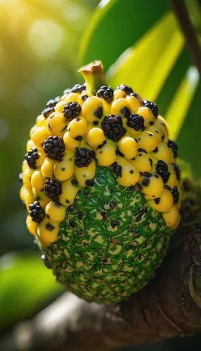 Exotic leopard fruit, vibrant yellow skin with dark spots, glossy texture, juicy pulp, fresh green leaves, tropical environment, bright sunlight, warm atmosphere, detailed macro shot, shallow depth of