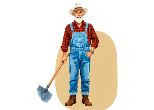 Older man, prospector, cartoon style, solo, rugged facial features, bushy white beard, worn leather hat, thick eyebrows, bright curious eyes, puffy cheeks, old fashioned clothing, torn denim overalls,