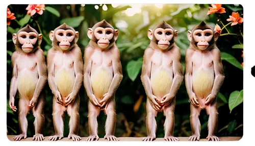 Cute monkeys, four friends, holding hands, standing in a row, different facial expressions, big round eyes, fluffy fur, white bellies, colorful tropical flowers on heads, vibrant green leaves, soft wa