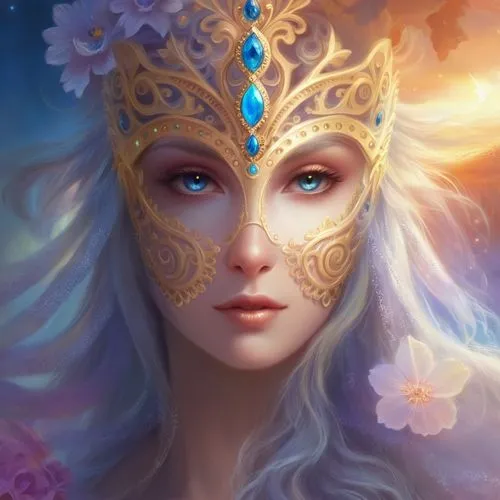 fantasy portrait,fantasy art,mystical portrait of a girl,blue enchantress,fairy queen,masquerade,faerie,fantasy woman,faery,elven flower,fantasy picture,venetian mask,the enchantress,zodiac sign libra,golden crown,mermaid vectors,priestess,sorceress,golden mask,beauty face skin,Illustration,Realistic Fantasy,Realistic Fantasy 01