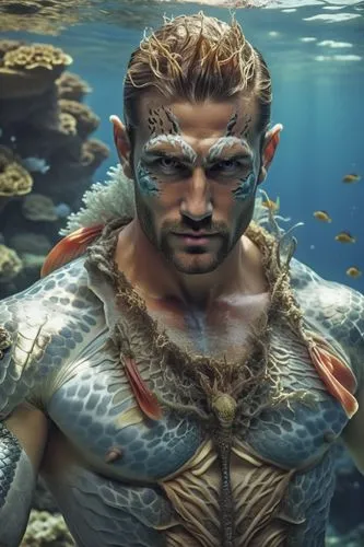 men, man, mermaid, real, naked, male, fish tail, sea ​​bass, coral reef, boy, man, masculine, muscles, sexy, muscular, hd, triton, ,a man with big fish tattoos on his chest standing in front of water,