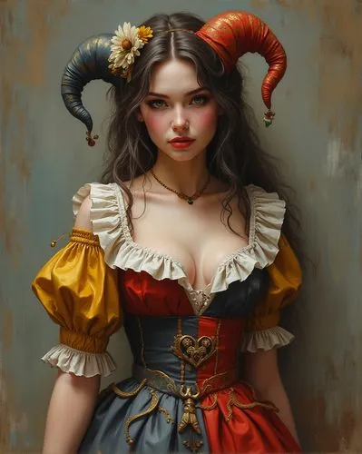 viveros,fantasy portrait,queen of hearts,fantasy art,victorian lady,duchesse,jester,flamenca,bacchante,noblewoman,bodice,comely,belle,corsetry,painter doll,lucrezia,fairy tale character,mystical portrait of a girl,fantasy woman,gothic portrait,Conceptual Art,Fantasy,Fantasy 02