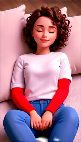 relaxed girl, lying down, closed eyes, peaceful face, curly brown hair, simple white shirt, casual blue jeans, bare feet, soft cushions, warm lighting, cozy atmosphere, shallow depth of field, cinemat