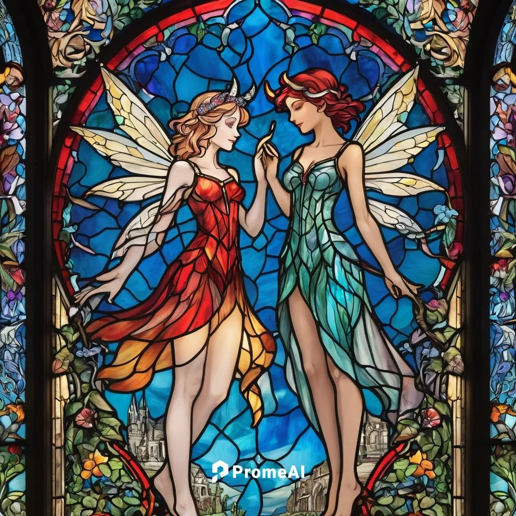 a young beautiful fairy and devil ,stained glass window,stained glass,angel and devil,stained glass windows,angels,art nouveau frame,art nouveau frames,rhinemaidens,stained glass pattern,archangels,ch