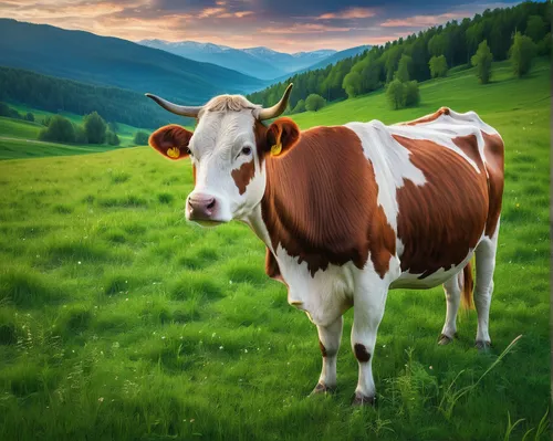 Create a tranquil painting of a calm cow grazing peacefully in a vast green meadow.,alpine cow,simmental cattle,holstein cattle,mountain cow,holstein cow,cow,red holstein,holstein-beef,bovine,allgäu b