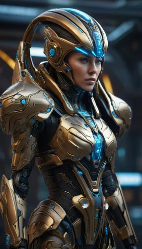 Protoss Female with a courage expression, robot, cyborg, warrior, alien, full body, weapon, warrior, stealth, sword, katana, laser, deserted planet vegetation, walking, cyberpunk, , in the style of de